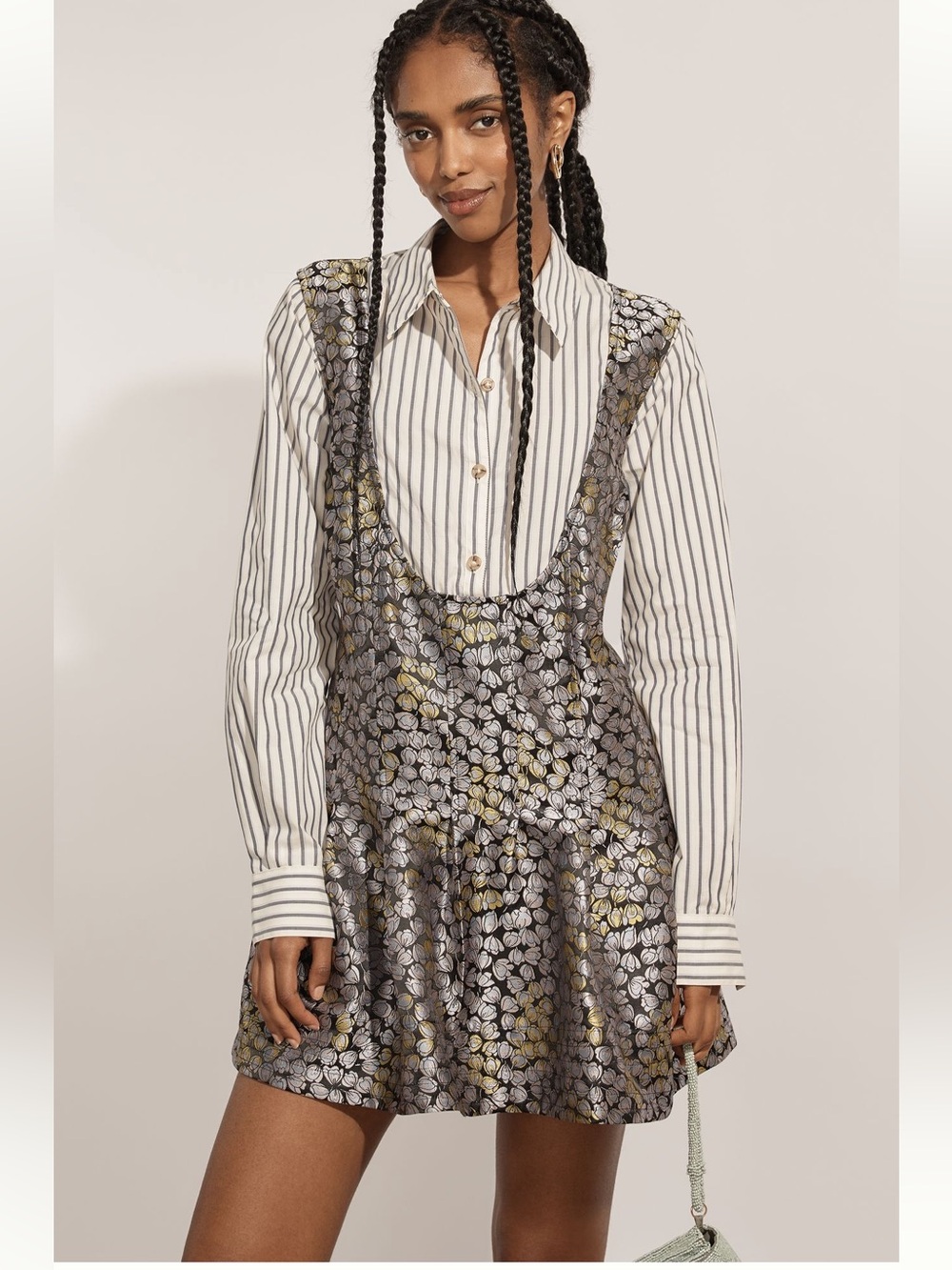 Anthropologie Metallic Floral Scoop-Neck Mini Dress in Silver and Gold
